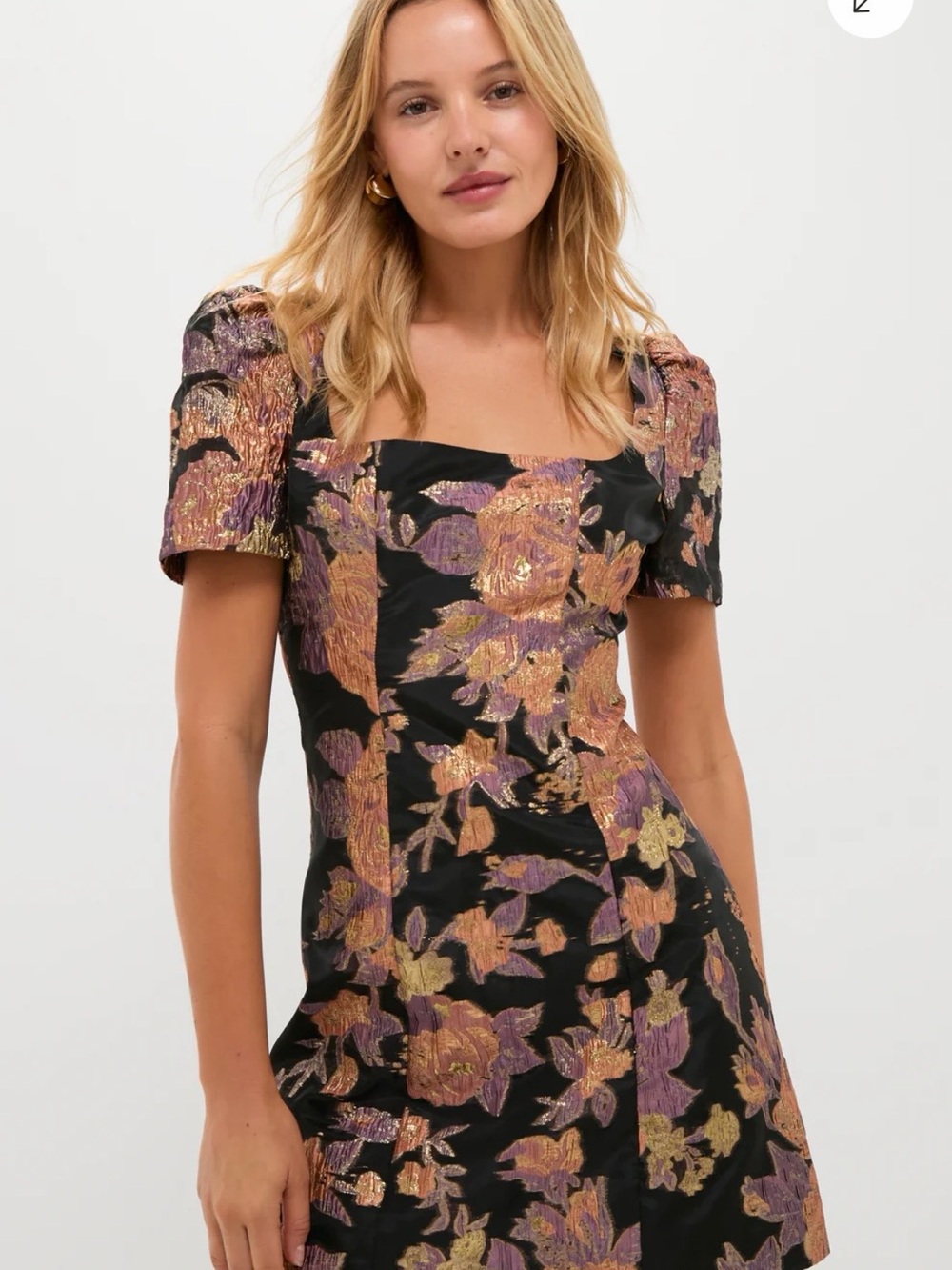 Square-Neck Floral Jacquard Mini Dress in Black and Gold
